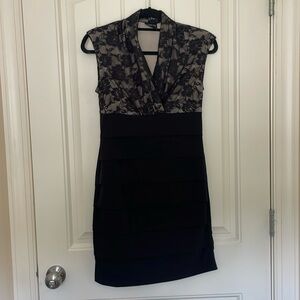 Black Beige Sleeveless Bodycon Dress, Size 6, Floral Lace Cocktail Party Dress